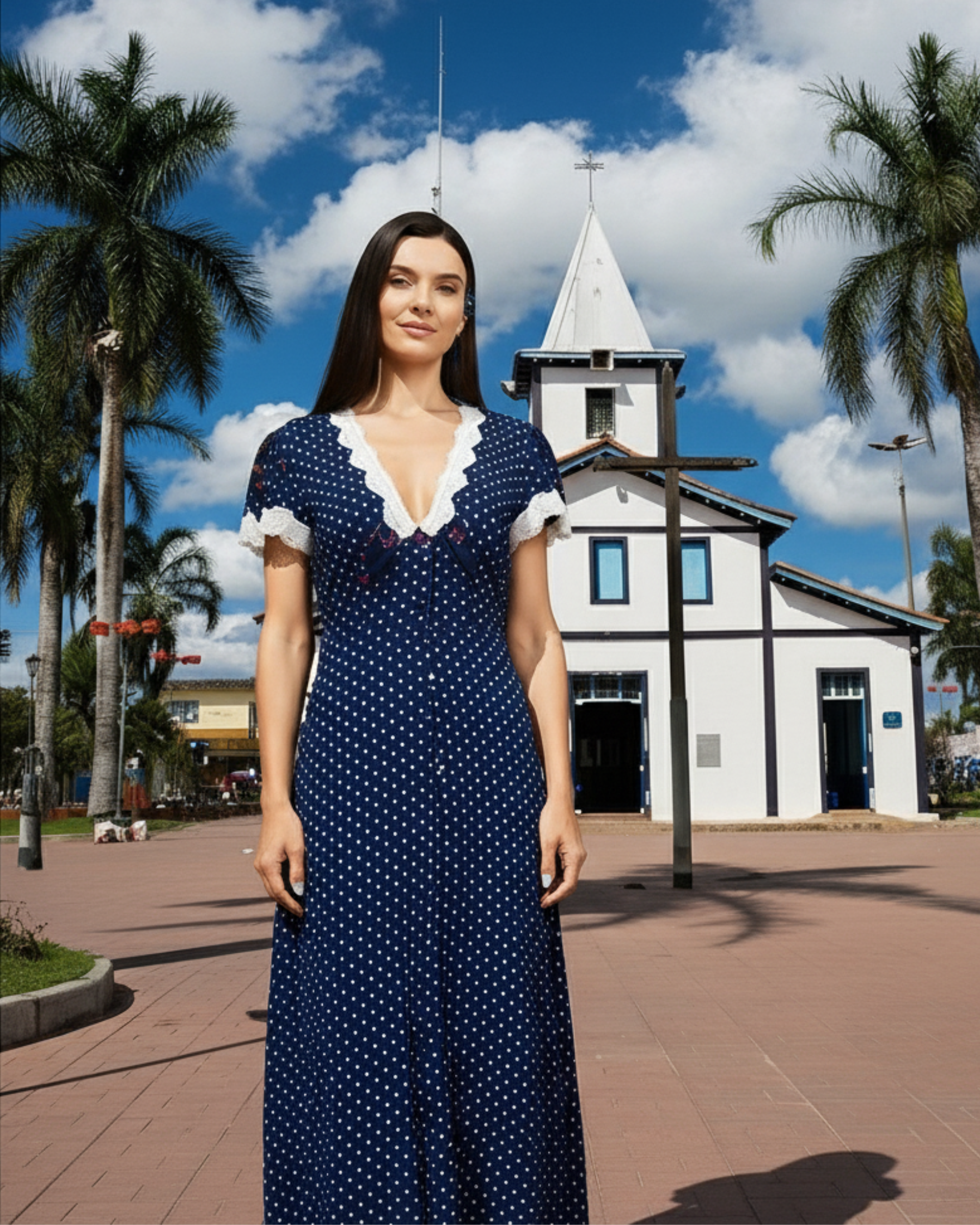 Vestido Modesto Azul Marinho Poá com Renda