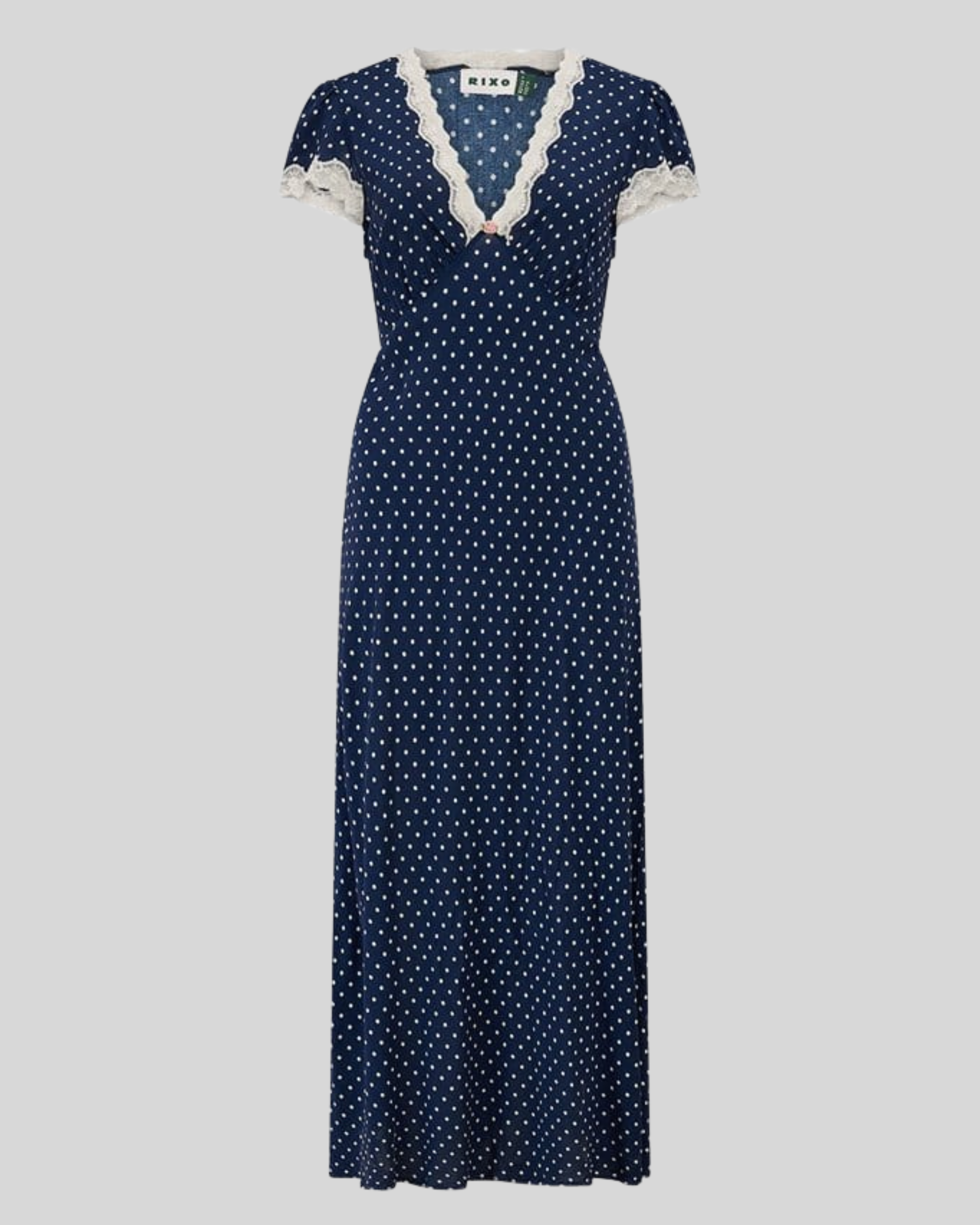 Vestido Modesto Azul Marinho Poá com Renda