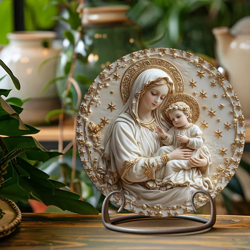 Decoração Católica Nossa Senhora com Menino Jesus em Dourado