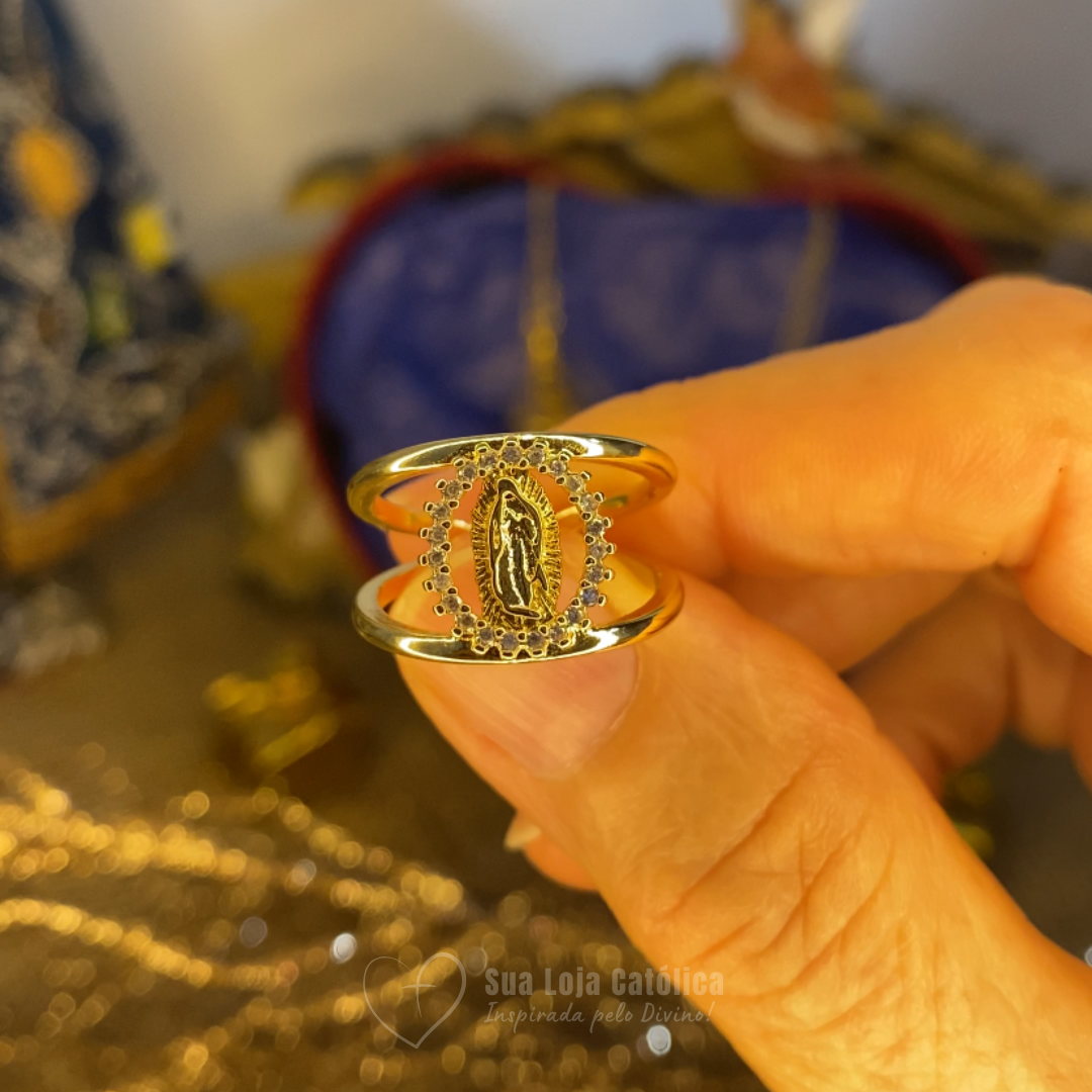 Anel e Pulseira de Nossa Senhora de Guadalupe Envolvido em Coração de Zircônia Brilhante