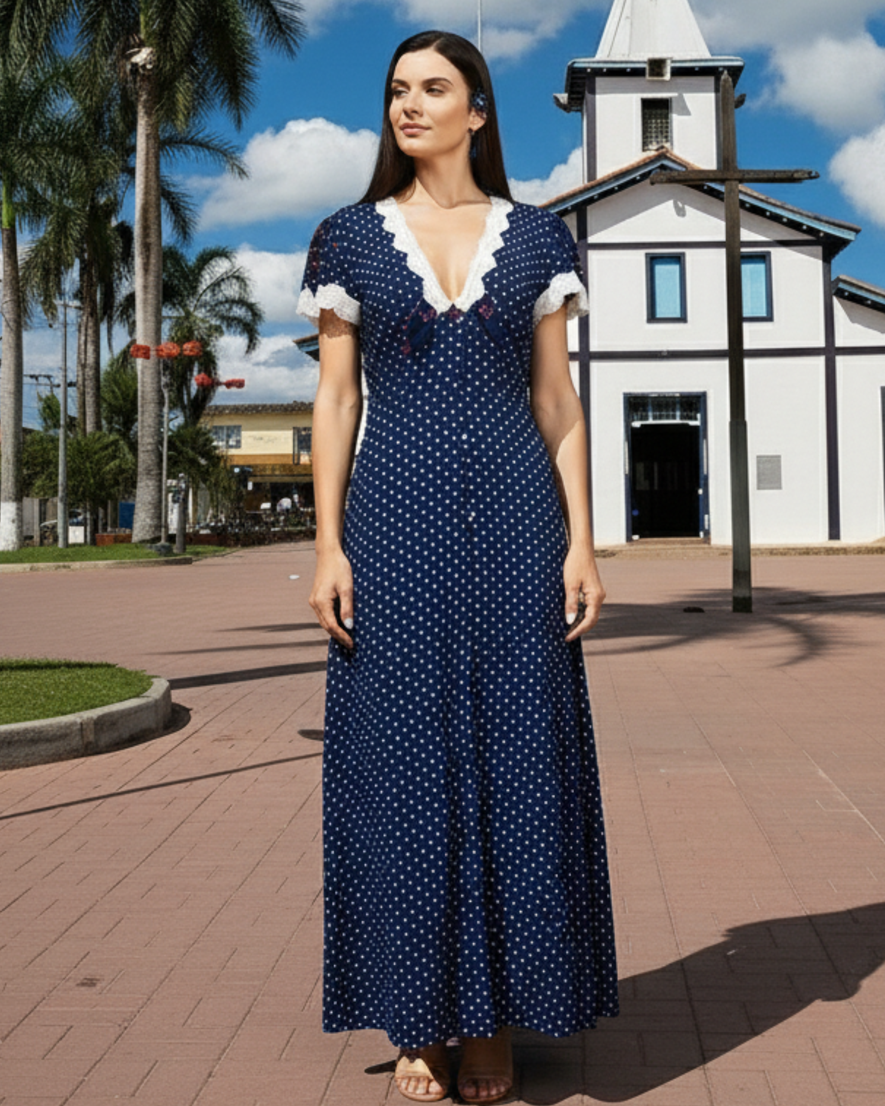 Vestido Modesto Azul Marinho Poá com Renda