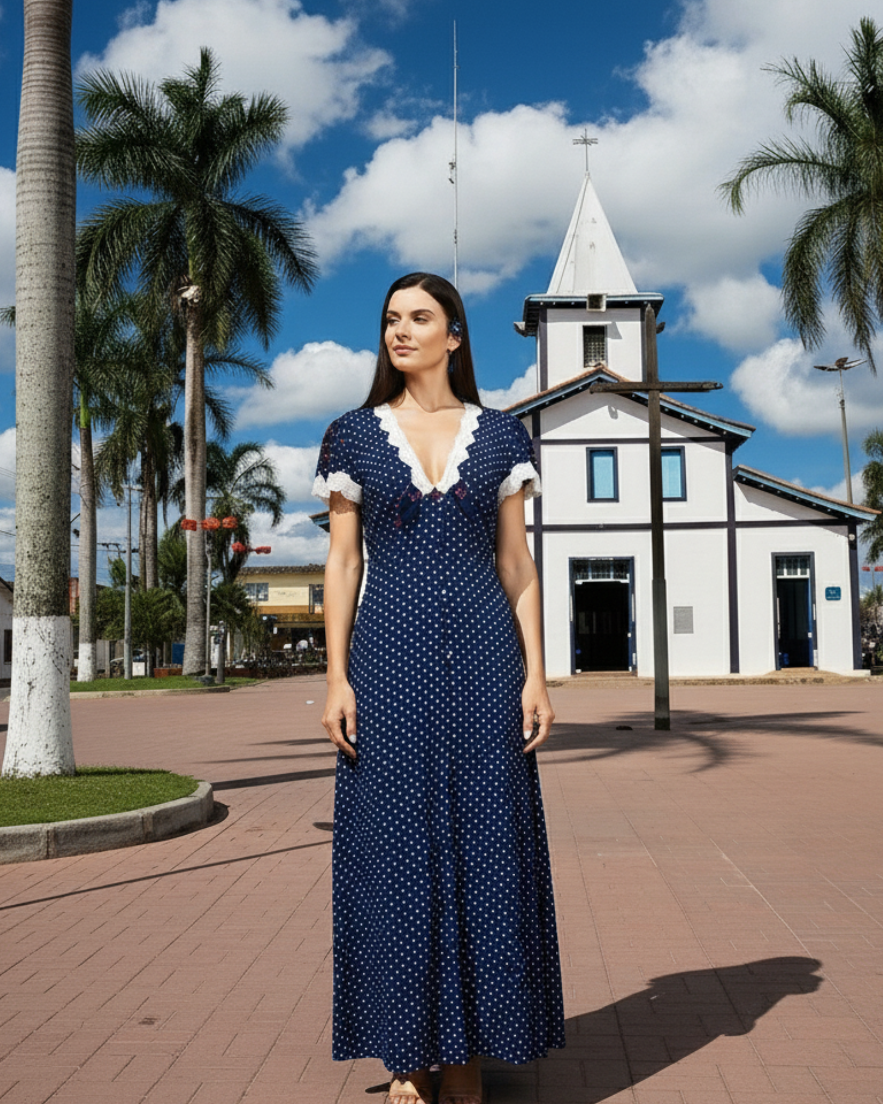 Vestido Modesto Azul Marinho Poá com Renda