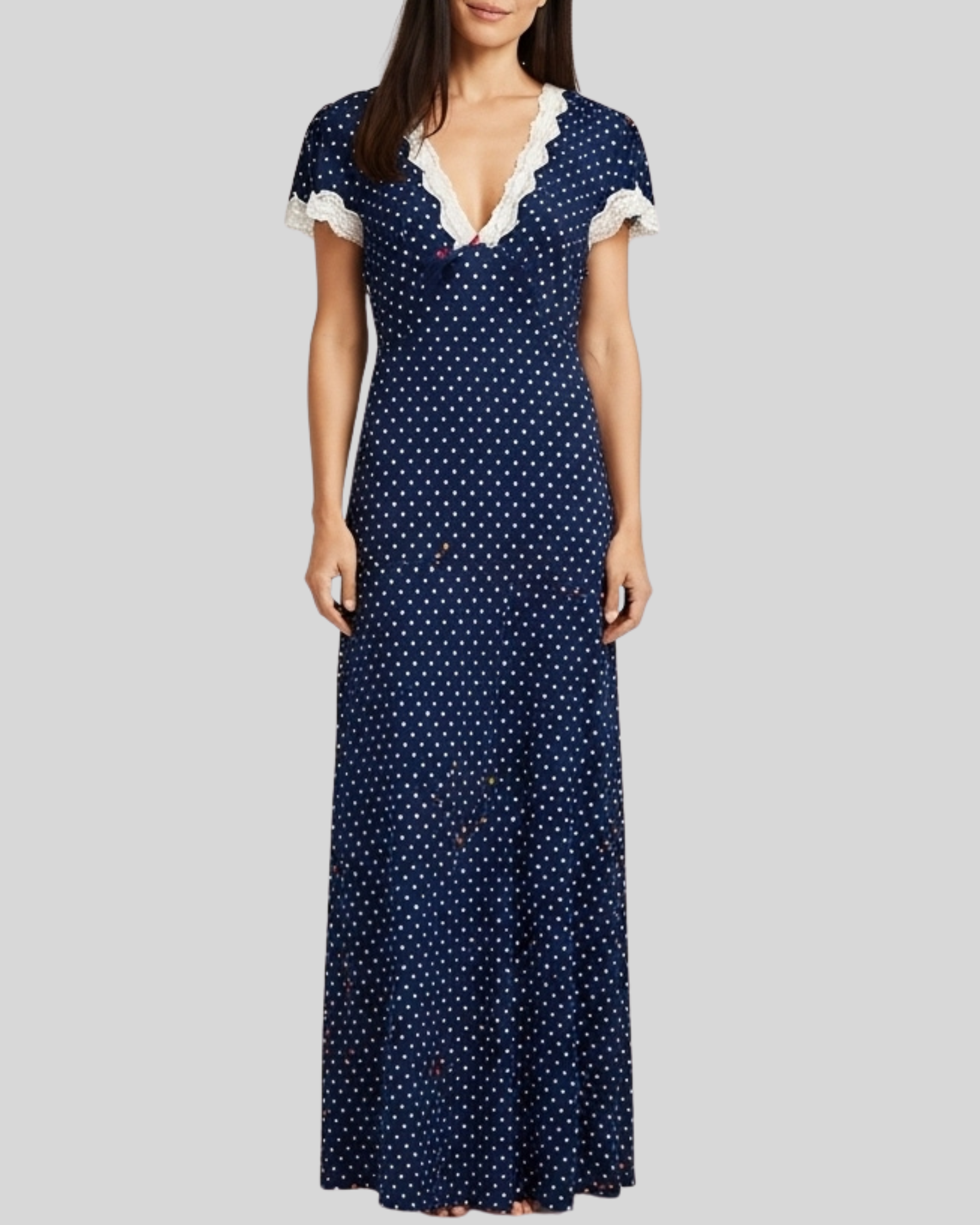 Vestido Modesto Azul Marinho Poá com Renda