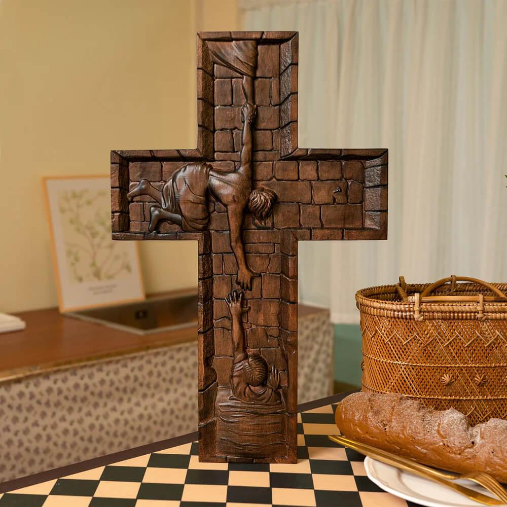 Cruz Salvador Jesus - Esculpida em Madeira Natural