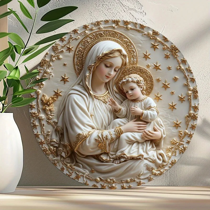 Decoração Católica Nossa Senhora com Menino Jesus em Dourado