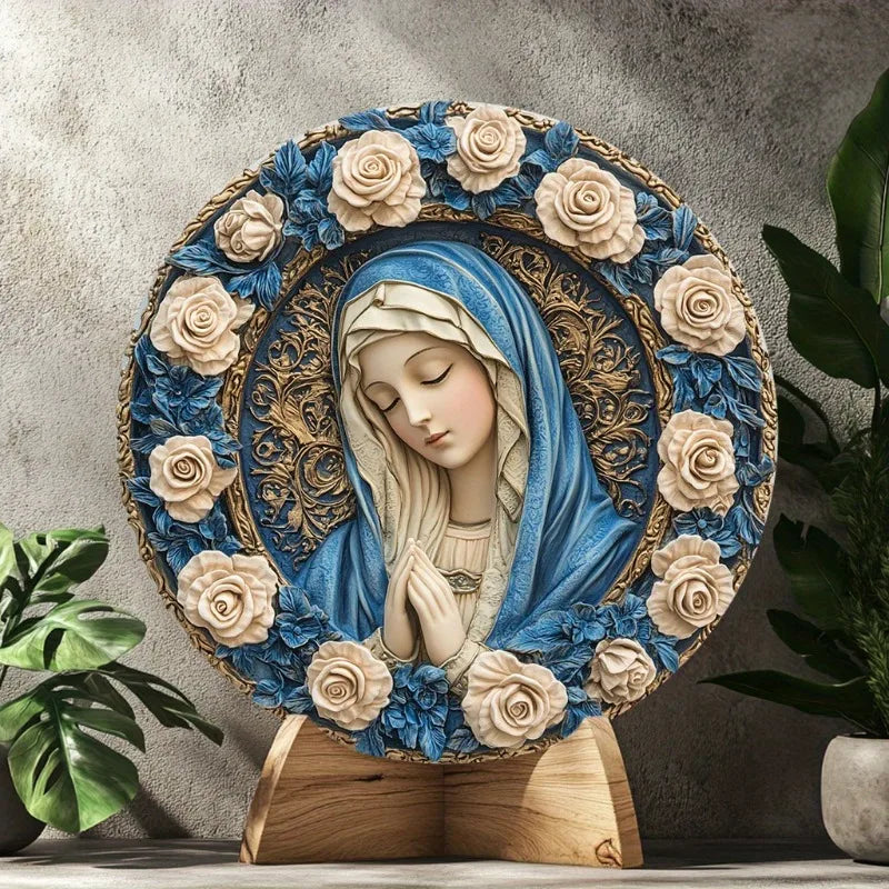 Decoração Católica Nossa Senhora com Rosas Azuis e Douradas