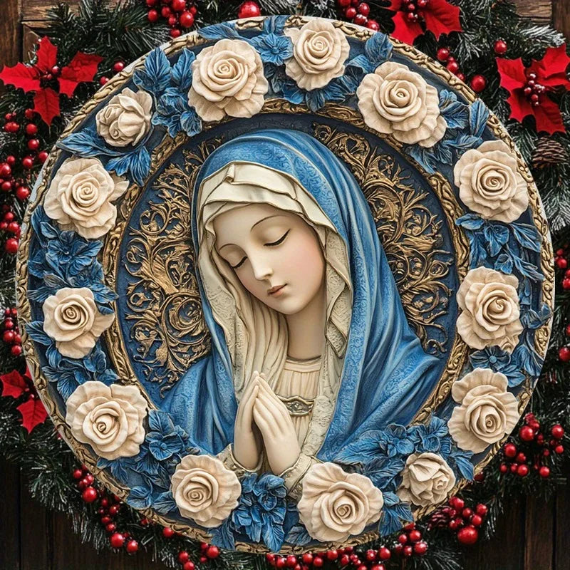 Decoração Católica Nossa Senhora com Rosas Azuis e Douradas