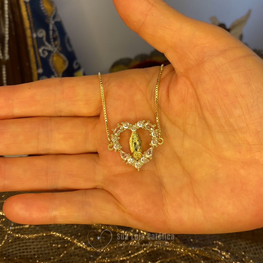 Anel e Pulseira de Nossa Senhora de Guadalupe Envolvido em Coração de Zircônia Brilhante